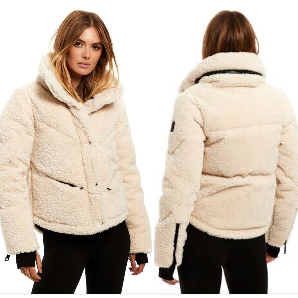 SAM ATHLETE HOODED PLUSH SHERPA DOWN PUFFER COAT JACKET In Almond